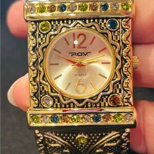 Golden Baroque P.O.V. Quartz Watch/Cuff/Bracelet with Multi-Colored Gem Accents